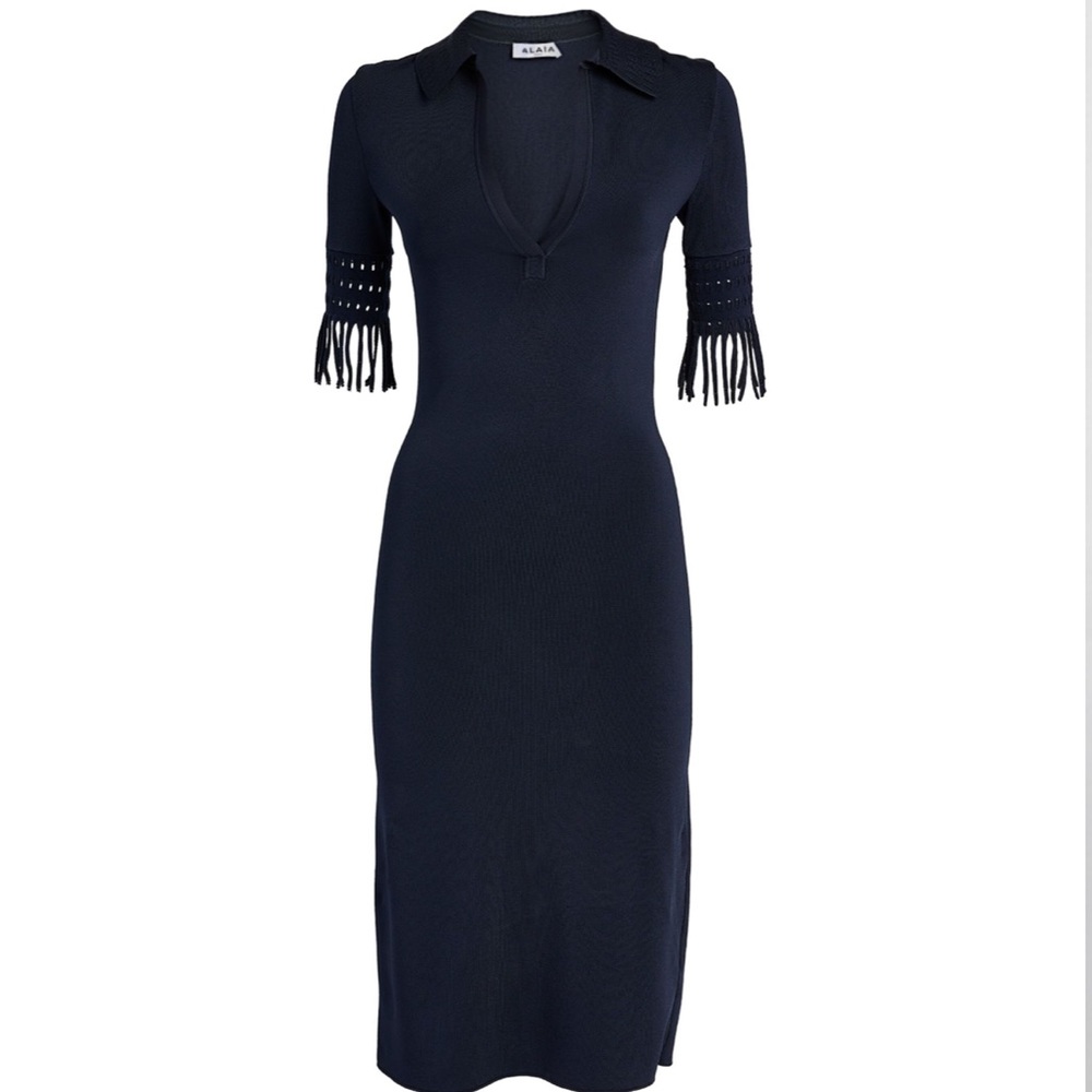 ALAÏA Knitted Polo Midi Dress with Fringe trim